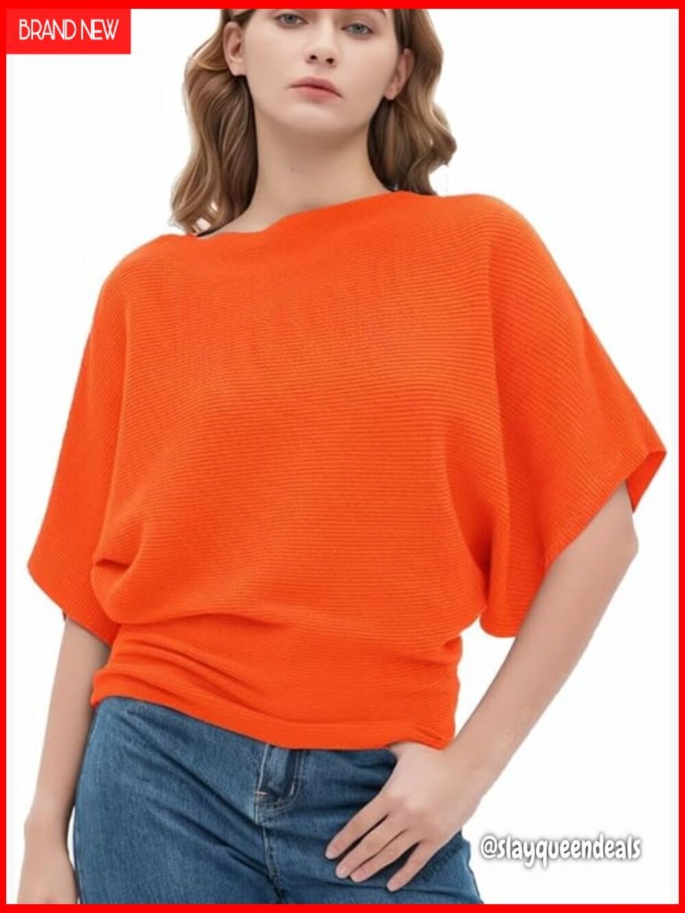 Boat Neck Batwing Sleeve Dolman Pullover Sweater One Size Cotton Polyester